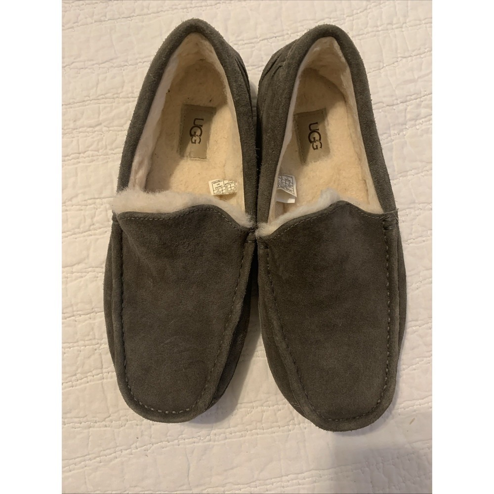 NIB UGG Mens Ascot Slippers Wool Hard Bottom Moccasin Shoes Charcoal Gray Size 9